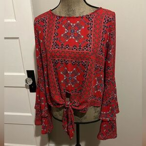 Altar’s State Country Americana Long Flouncy Sleeve Tie Crop Top Blouse